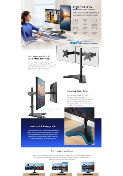 Ergoflex EF42 Steel Design 2-8 kg Çift Kol Asansörlü 13"-27" Desktop Monitör Standı