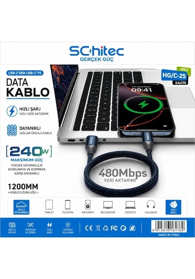 Schitec 240w Type-c To Type-c Süper Hızlı Şarj Ve Data Kablosu 1.2metre Siyah Hg/c-25 1 Adet