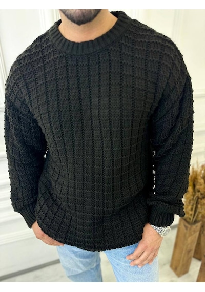 Elku Moda Kazak Oversize Kare Örme Desenli Naturel Pamuk Bol Kesim Tüylenmeyen Salaş Triko Kazak Siyah Elku Moda Kazak Oversize Kare Örme Desenli Naturel Pamuk Bol Kesim Tüylenmeyen Salaş Triko Kazak Siyah