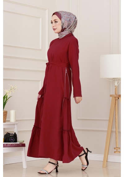 Sevitli Yanı Fermuar Detaylı Tesettür Elbise-bordo-4692