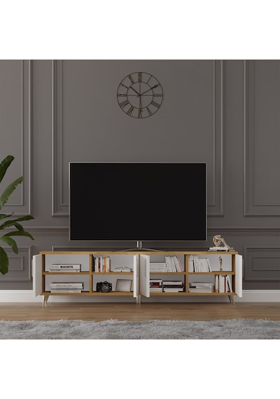 Asra Trend Tv Ünitesi T-03 %100 MDF 160 cm Tv Sehpası 4 Kapaklı Raflı Beyaz-Petra