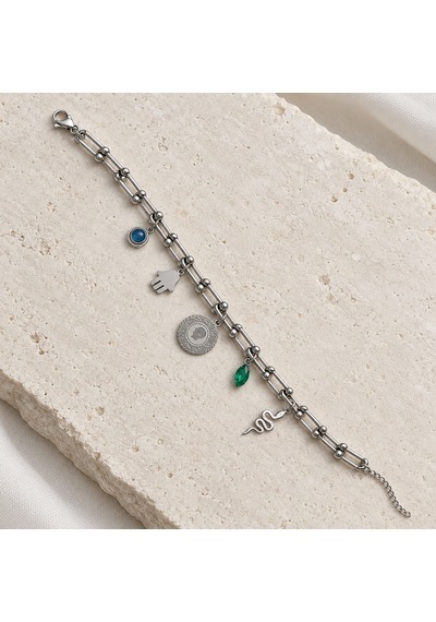 Dora S Shine Tılsım Atlası Gümüş Renk Madalyon Ve Yılan Figürlü, Renkli Taş Detaylı Ayarlanabilir Charm Bileklik Dora S Shine Tılsım Atlası Gümüş Renk Madalyon Ve Yılan Figürlü, Renkli Taş Detaylı Ayarlanabilir Charm Bileklik