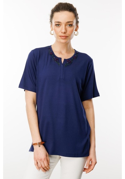 Kadın Açma Yaka Dantel Çiçek İşlemeli Penye T-shirt Lacivert Lacivert