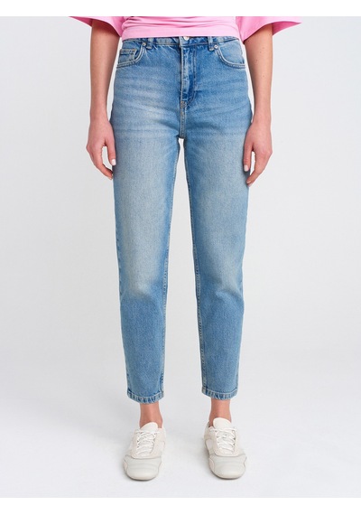 Dilvin 71779 Lazer Yıkama Likralı Denim Mom Pantolon Mavi