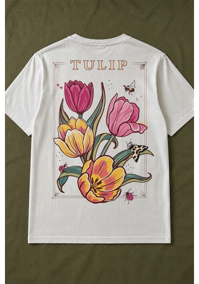 Spoyi Tulip Tasarımlı %100 Pamuk Yarım Oversize Beyaz T-shirt