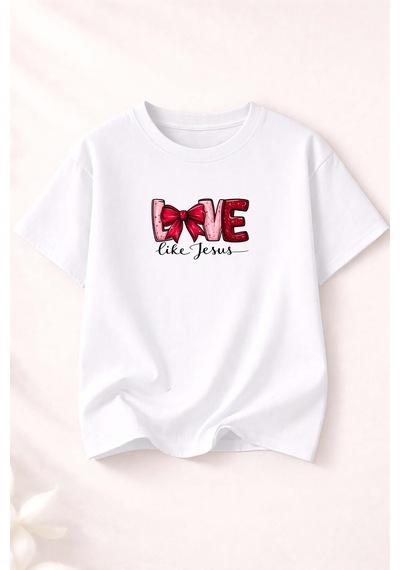 Herkesemoda Love Baskı Detaylı Kadın Bisiklet Yaka Pamuklu T-shirt Beyaz