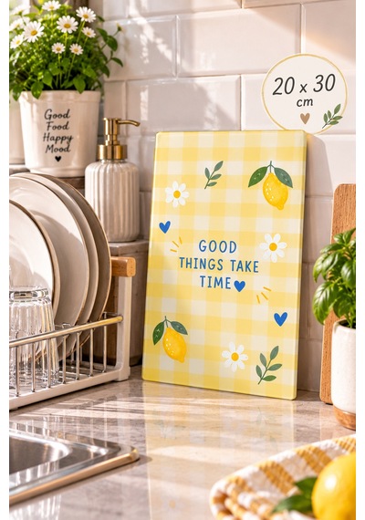 Gökçeoğlu Cam Kesme Tahtası Sarı Beyaz Kareli Limon Temalı - Cam Kesme Tablası 20cm X 30cm Çok Renkli