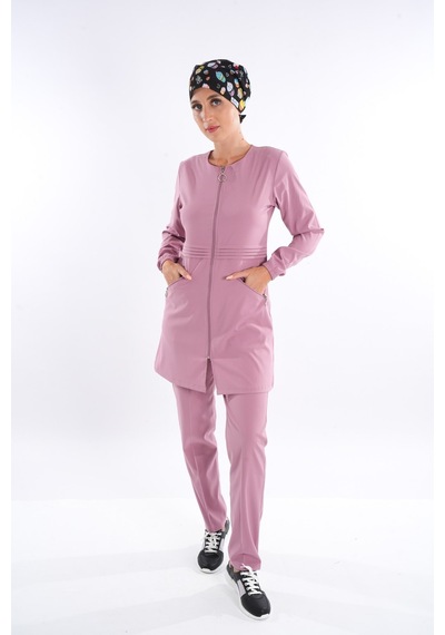 Badem Model Soft Likra Fermuarlı Pudra Doktor Hemşire Cerrahi Üniforma Takım Pudra Pudra