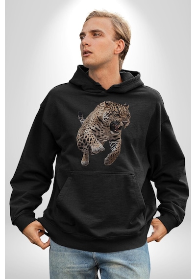 Jaguar Sırtından Çıkan Kadın Erkek Siyah Kapüşonlu Sweatshirt Hoodie Siyah