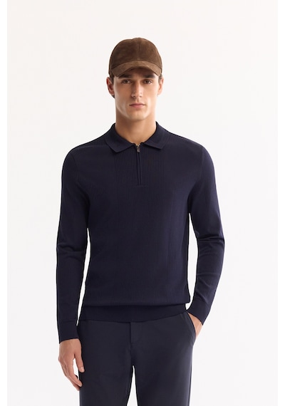 Avva Erkek Lacivert Polo Yaka Fermuarlı Rayon Tüylenmeyen Dokulu Triko Regular Fit Kazak A52y5019