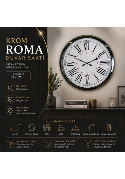 Krom Roma 52 X 52 Cm Duvar Saati