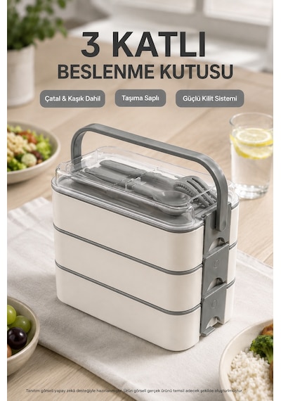 Antrasit 3 Katlı Beslenme Kutusu Çatal Kaşık Dahil Kilitli Kapaklı Taşıma Saplı Yemek Saklama Kabı Seti