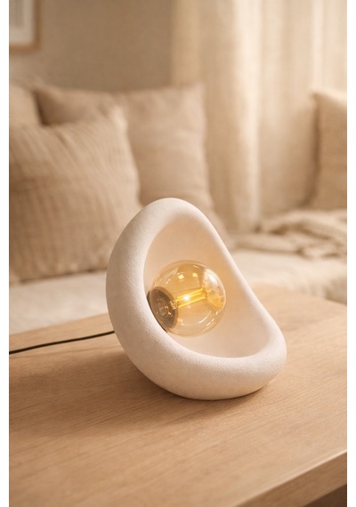 Modern Beton Dokulu Abajur Organik Oval Gece Lambası Masaüstü Komodin Lambası 25 Cm Beyaz