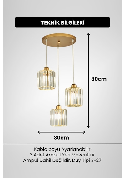 Radiosa Gold Renk Kristal Taşlı Dekoratif Modern Salon Mutfak Hol Oda Antre Üçlü Sarkıt Avize Gold