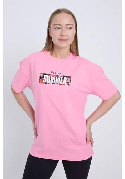 Velvoria Oversize Kadın Hello Summer Baskılı Pembe Renk T-shirt