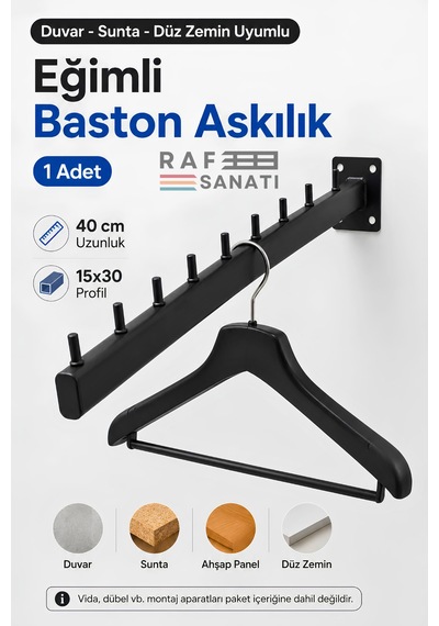1 Adet - Duvara Monte Eğimli Baston Askılık 40 Cm - Mağaza Butik Elbise Kıyafet Askılığı Siyah