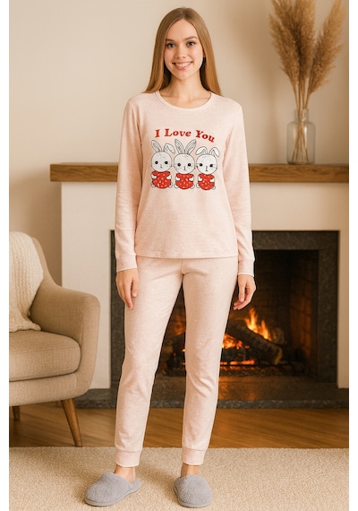 Remsa Kadın Tavşan Desen Suprem Pijama Takımı 0497 Pudra Pudra