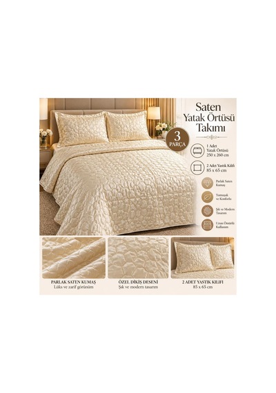 Slc Home Pamuk Saten Yatak Örtüsü Seti Çift Kişilik Petek Desen Altın - 938503309 Altın