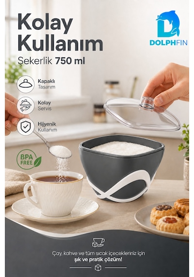 Dolpfin 750 Ml Kapaklı Şekerlik Siyah Beyaz Masaüstü Toz Ve Küp Şeker Kabı Bpa İçermez Mor