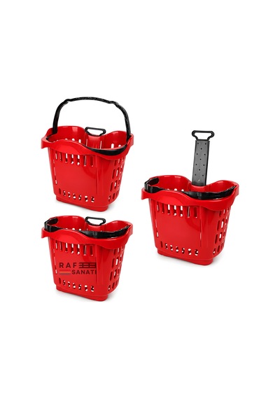 5 Adet - 43 Lt Tekerlekli Market Sepeti Plastik Alışveriş Sepeti Ergonomik Çift Saplı Kırmızı