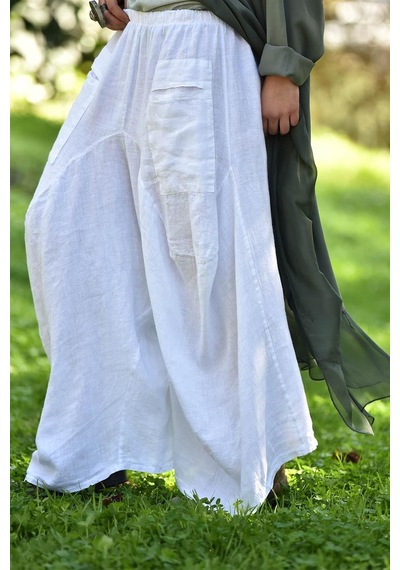 Bohem Stil İtalyan Cepli Keten Şalvar Pantolon Cmn00154 Beyaz