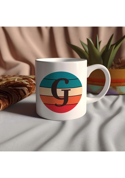 G Harfi Retro Renkli Kupa Bardak - Vintage Tarz Yuvarlak Harfli Kahve Kupası - Kişiye Özel Hediye Beyaz