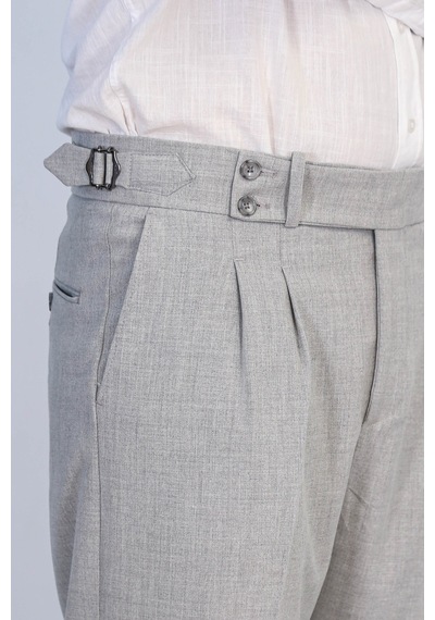 Gri Çift Pileli Tokalı Yüksek Bel Slim Fit Pantolon Wessi Gri