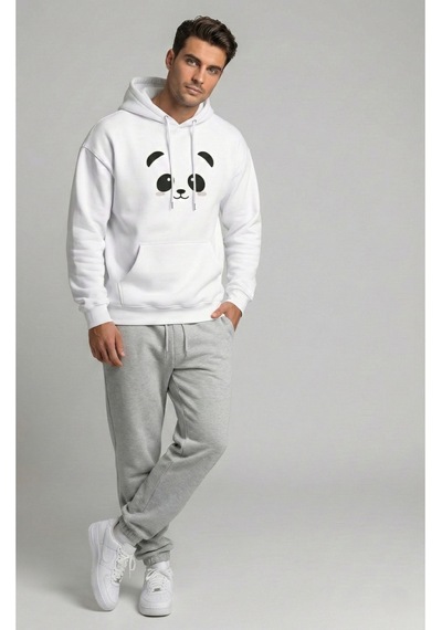 Nevermind Unisex Sevgili Çift Kombini Oversize Panda Baskılı Çift Hoodie Beyaz