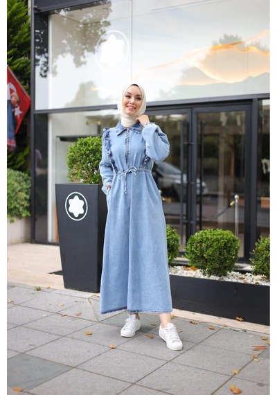 Harman Butik Kadın Fır Fırlı Belden Bağlamalı Denim Kot Elbise Kotmavi Kotmavi