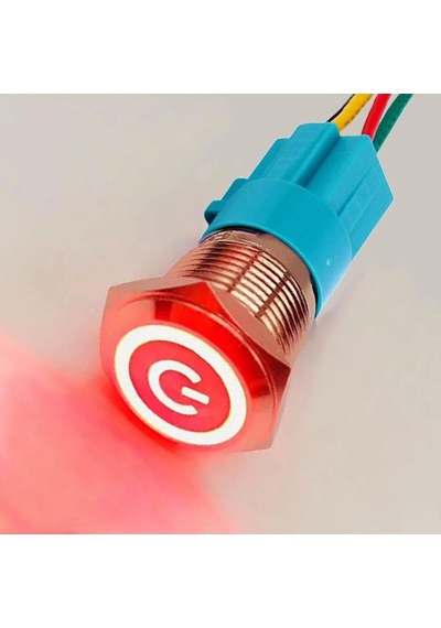16mm Kırmızı Power Sembol Ledli Kablolu Push Tip Metal Button Panel Montaj Düz Kafa No Nc Dc Dv
