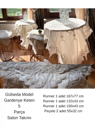Salon Takımı 5 Parça Keten Masa Örtüsü Runner Seti Çeyizlik Gülseda Model No 896 Krem-krem Çok Renkli