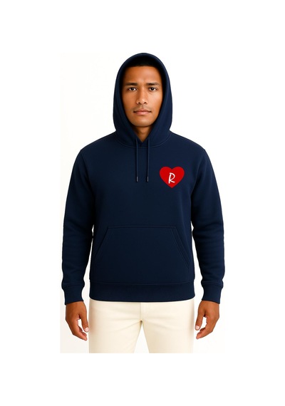 Bahriyeli Collection Kapüşonlu Sevgililer Günü Özel Kalp İçinde R Harfi Cep Baskılı Unisex Sweatshirt Lacivert