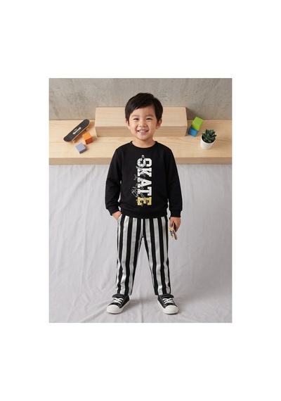 Deniva Kids Erkek Çocuk Skate Baskılı Çizgili Alt Üst 2'li Eşofman Kreş Takımı Siyah