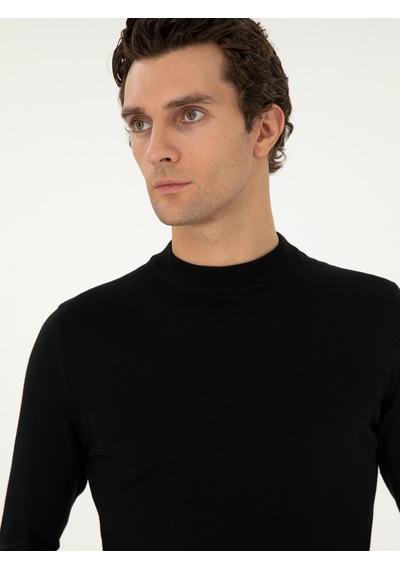Cacharel Siyah Slim Fit Yün Karışımlı Çeyrek Balıkçı Yaka Basic Triko Kazak