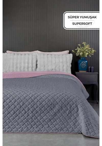 Premium Peluş Çift Kişilik Çok Amaçlı Yatak Örtüsü 200 x 220 Çift Taraflı Yumuşak Battaniye Pike Antrasit  Pudra
