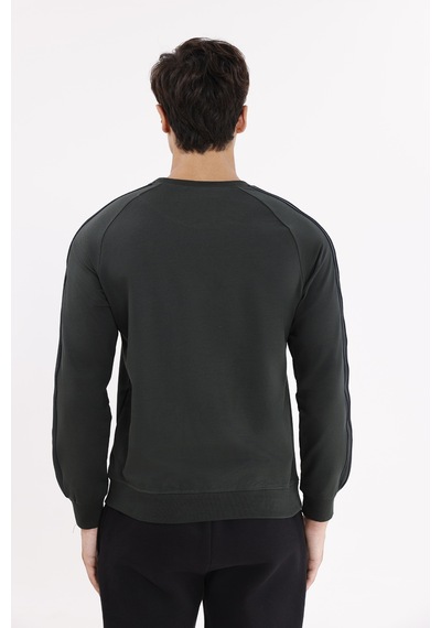 Rowinger Çift Şeritli Raglan Kol Minimal Logolu Bisiklet Yaka Sweatshirt Haki