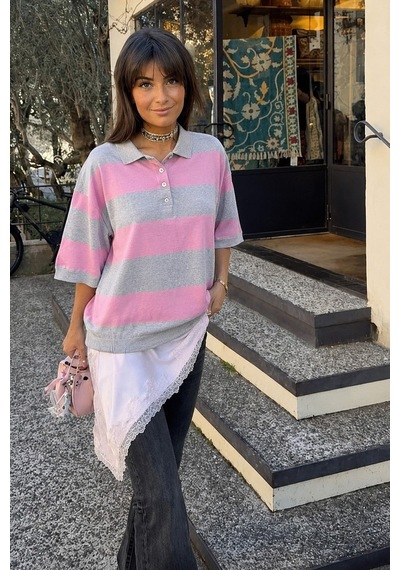 Gri Çizgili Polo Yaka Basic Kadın Tişört Mg2833