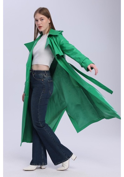 Selectmoda Kadın Kemerli Kruvaze Uzun Kaban Yeşil