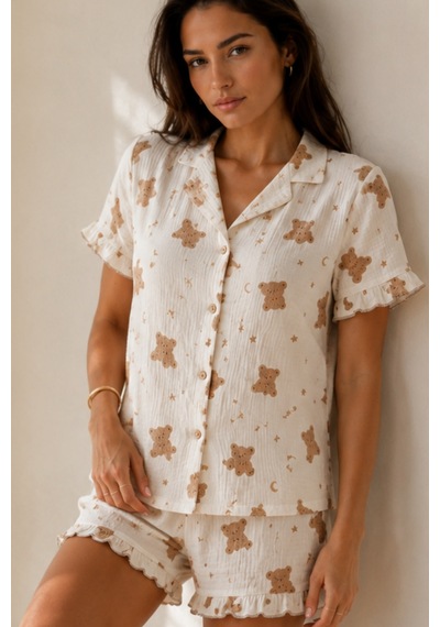 Kadın Düz Pamuk Homewear Kar Beyaz Pijama Takımı