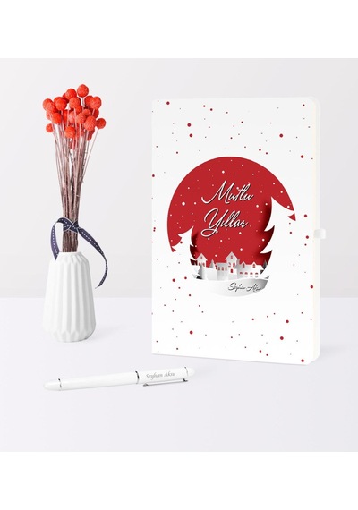 Kişiye Özel Yılbaşı Mutlu Yıllar Temalı Beyaz Defter Kalem Seti - 1