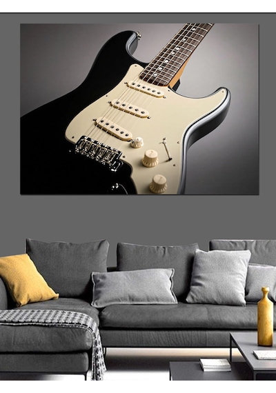 Siyah Elektro Gitar Dekoratif Kanvas - Mdf Ahşap Tablo