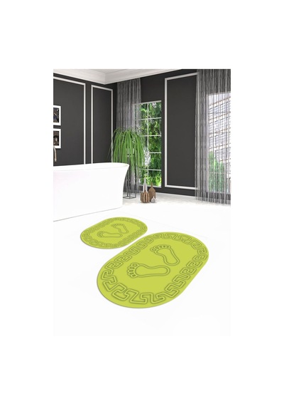 Buççin Online Mağaza Dijital Baskılı Kaymaz Yıkanabilir Ayak Desen Oval Banyo Takımı Klozet Takımı Polyester Yeşil Çok Renkli