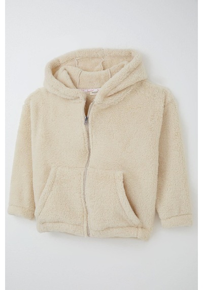Breeze Kız Çocuk Polar Hırka Kapüşonlu Fermuarlı Cepli 8-14 Yaş, Krem Krem