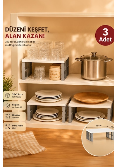 Porsima Org-01 - 3lü Raf Düzenleyici - Dolap Içi Düzenleyici Raf - Mutfak Tabak Bardak Rafı Diğer