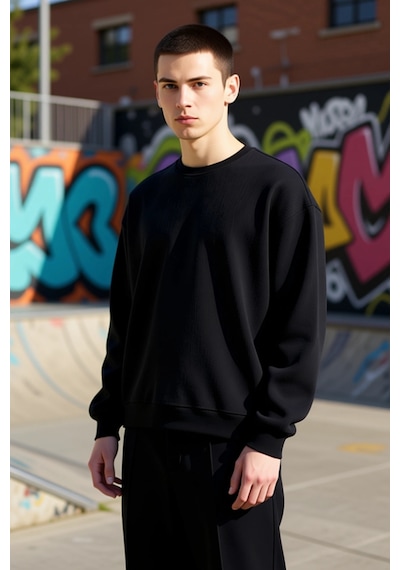 Benerly Erkek Bisiklet Yaka Standart Kol Oversize Waffle Dokuma Sweatshir siyah