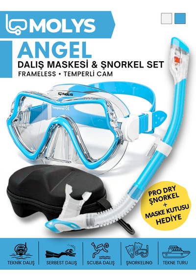 Molys Angel Dalış Maskesi + Antı Fog Buğu Önleyici Film + Pro Full Dry Tam Kuru Şnorkel + Maske Koruma Kutusu Set Halinde Siyah - Pembe Mavi - Şeffaf