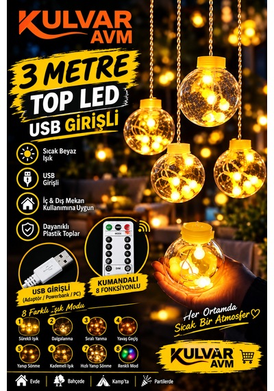 Kumandalı 8 Ayrı Fonksıyonlu Top Perde Led Peri Perde Led Usb Girişli Perde Led Yılbaşı Top Perde Led