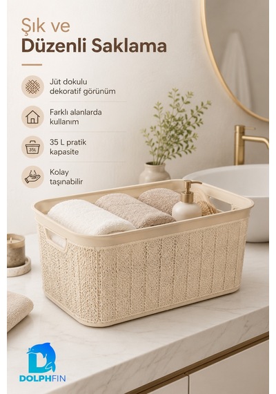 Jute Köşeli Sele Sepet 35 L 52,5x34,5x22,5 Cm Çamaşır Oyuncak Saklama Taşıma Sepeti Bej