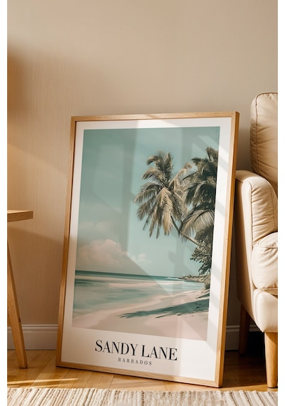 Sandy Lane Barbados Vintage Seyahat Posteri Çerçeveli Tablo - Premium Tropikal Sahil Elit Dekor Kayın