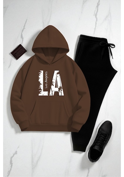 Uyguntarz Unisex Los Angeles Baskılı Eşofman Takımı Kahverengi